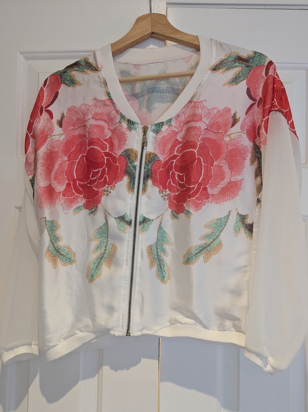 🎉3for$30 Pink Peony Floral Print Sheer White Bomber Jacket Boho Festival Fairy